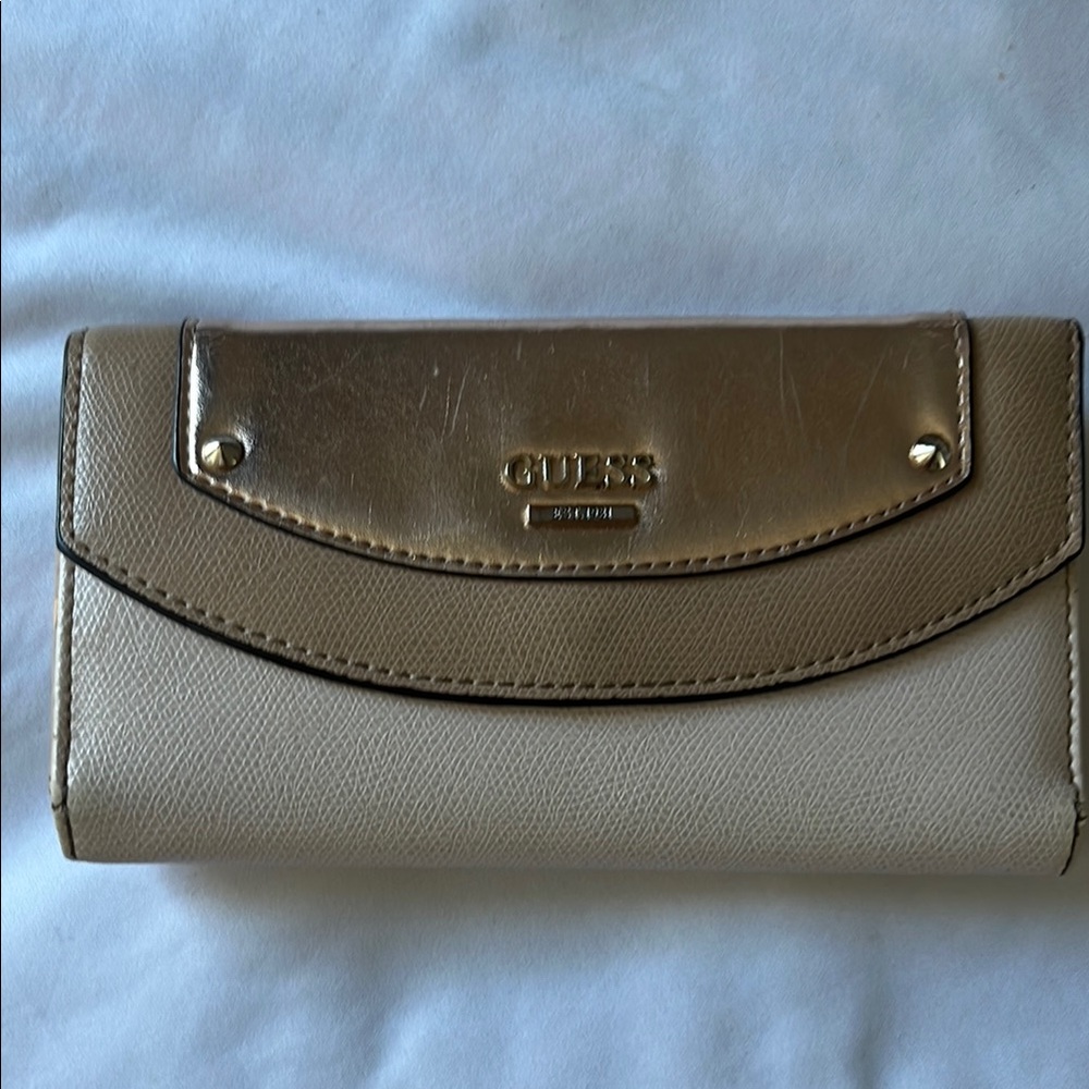 GUESS Gold and Cream Wallet with Curved Flap Design